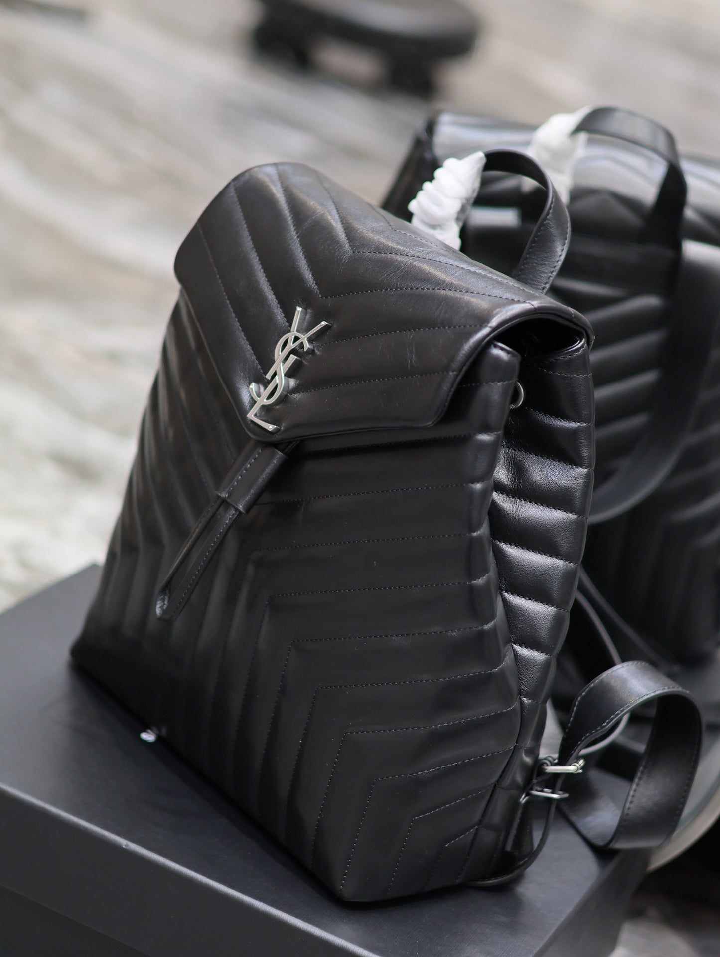 LOU BACKPACK 33 IN BLACK QUILTED CALFSKIN SILVER HARDWARE
