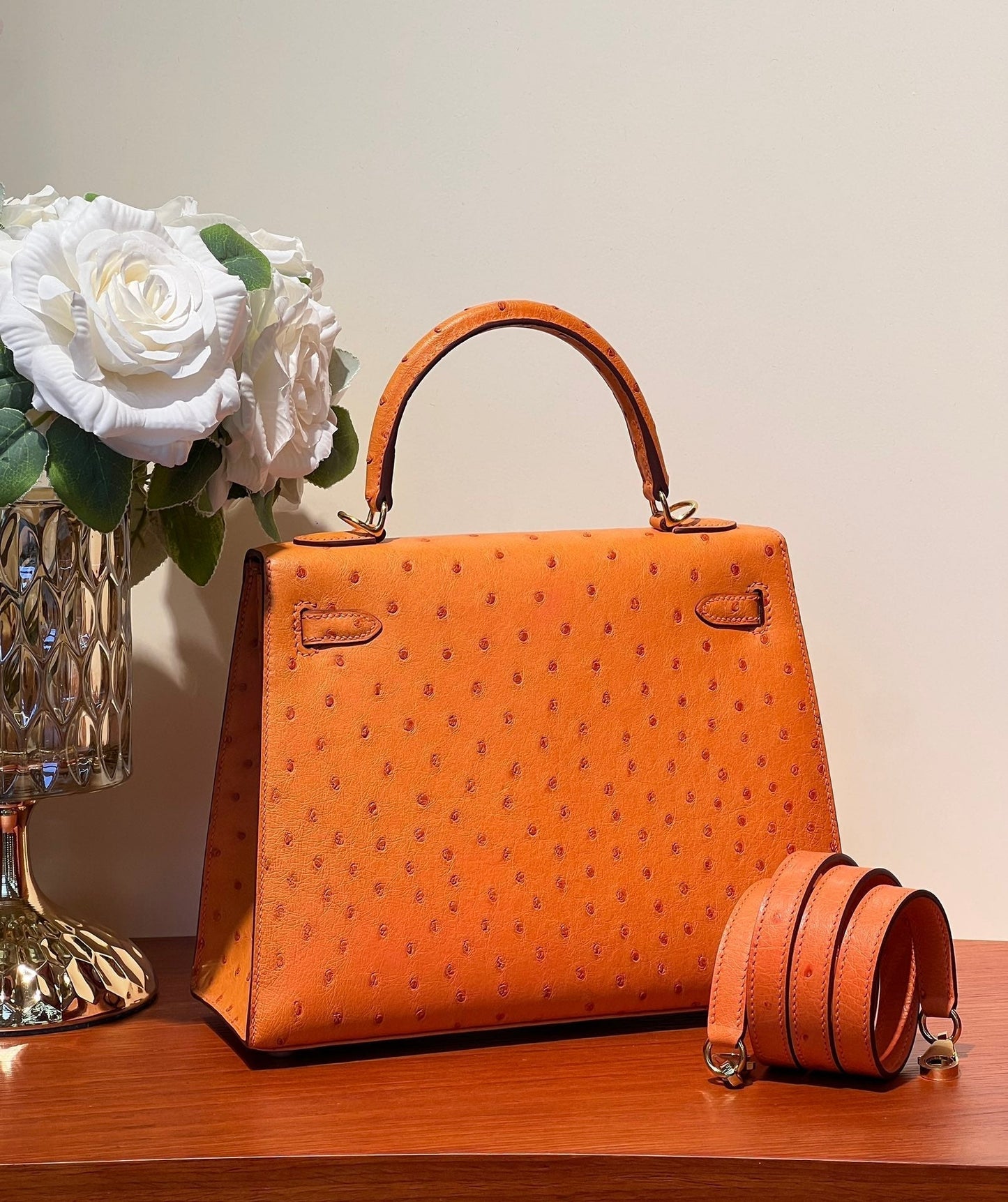 KELLY SELLIER 25 BAG IN FIRE ORANGE OSTRICH LEATHER WITH GOLD HARDWARE (MADE-TO-ODER)