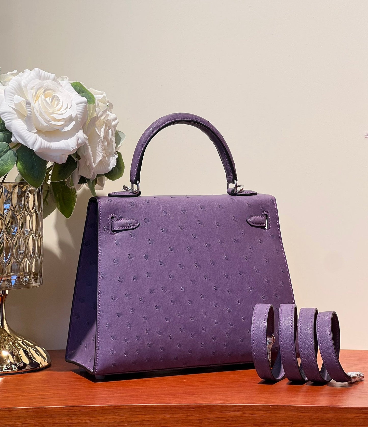 KELLY SELLIER 25 BAG IN ROYAL PURPLE OSTRICH LEATHER WITH SILVER HARDWARE (MADE-TO-ODER)