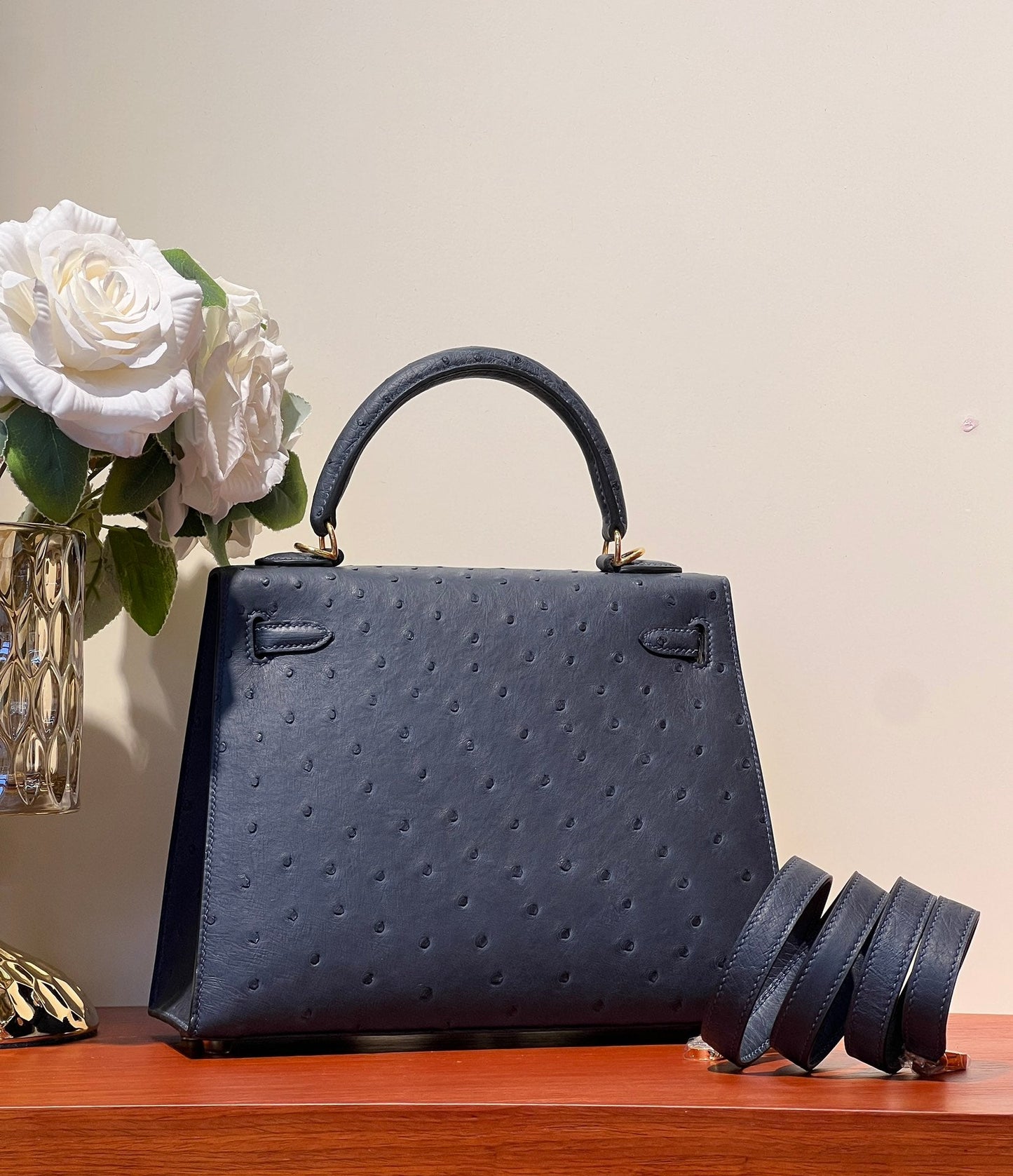 KELLY SELLIER 25 BAG IN PRUSSIAN BLUE OSTRICH LEATHER WITH GOLD HARDWARE (MADE-TO-ODER)