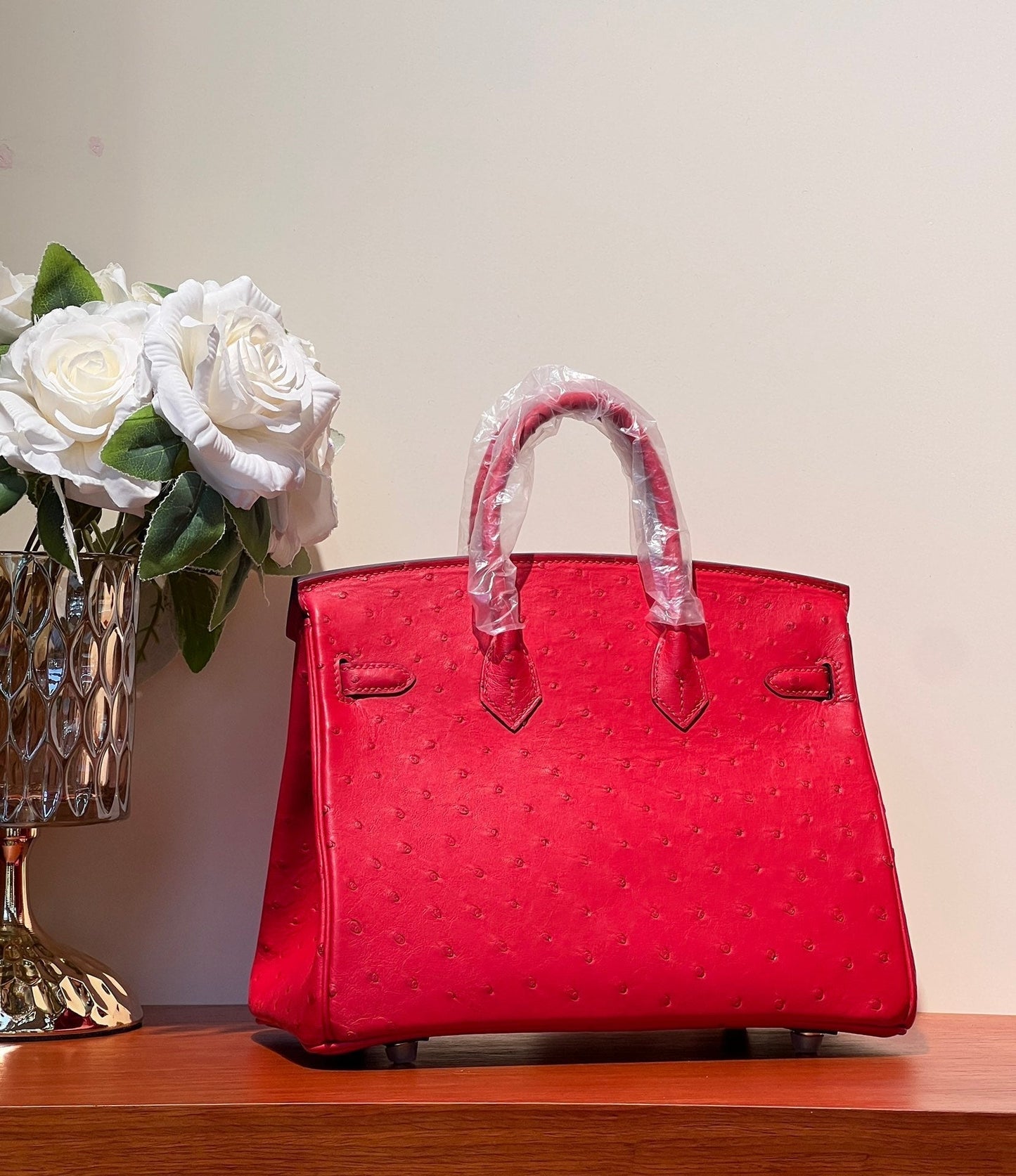 KELLY SELLIER 25 BAG IN CLASSIC RED OSTRICH LEATHER WITH GOLD HARDWARE (MADE-TO-ODER)