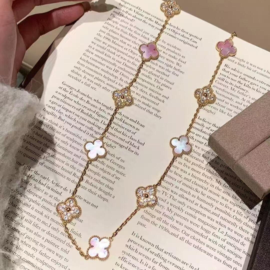 [AURORA]CLOVER 10 MOTIFS DIAMOND PINK MOP NECKLACE