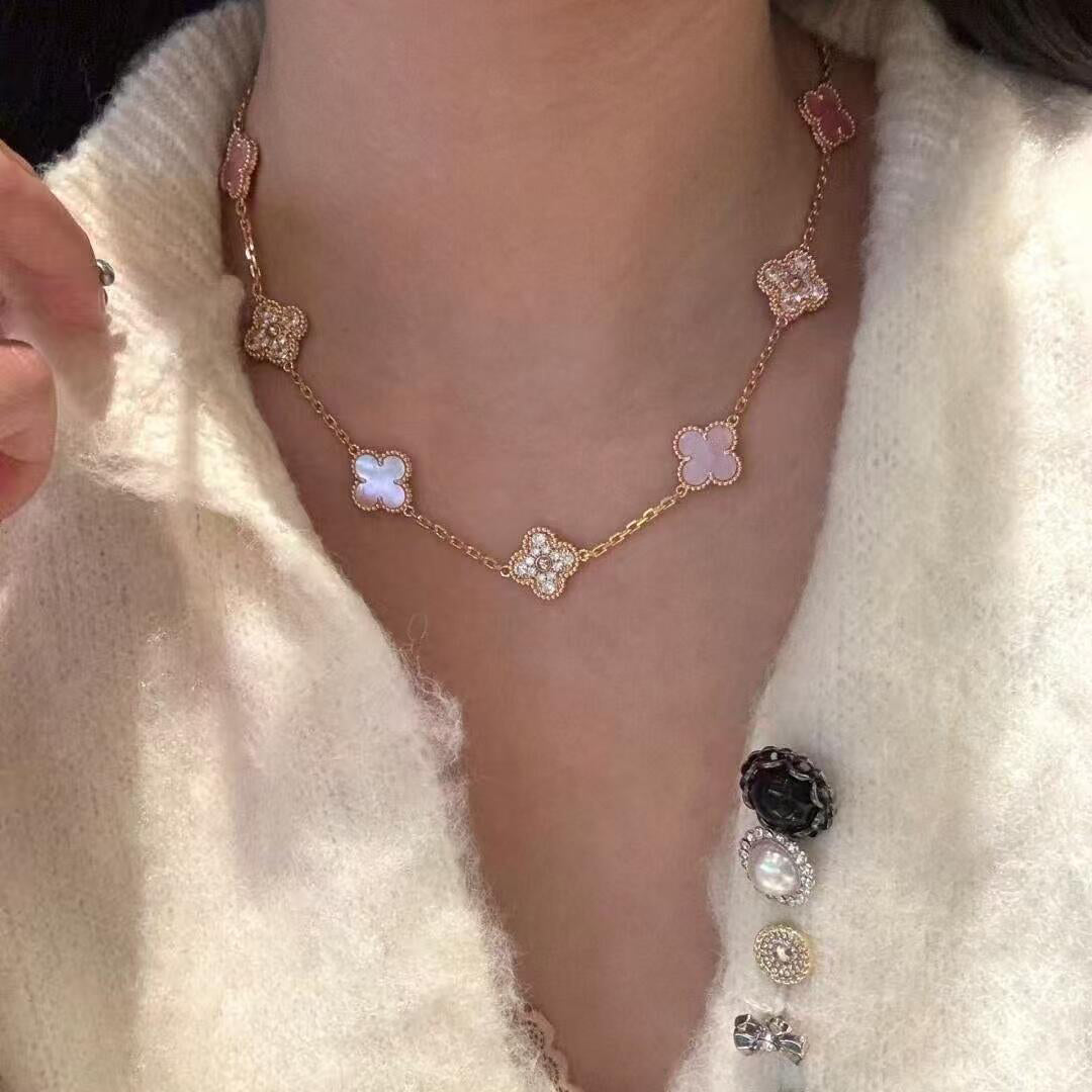 [AURORA]CLOVER 10 MOTIFS DIAMOND PINK MOP NECKLACE