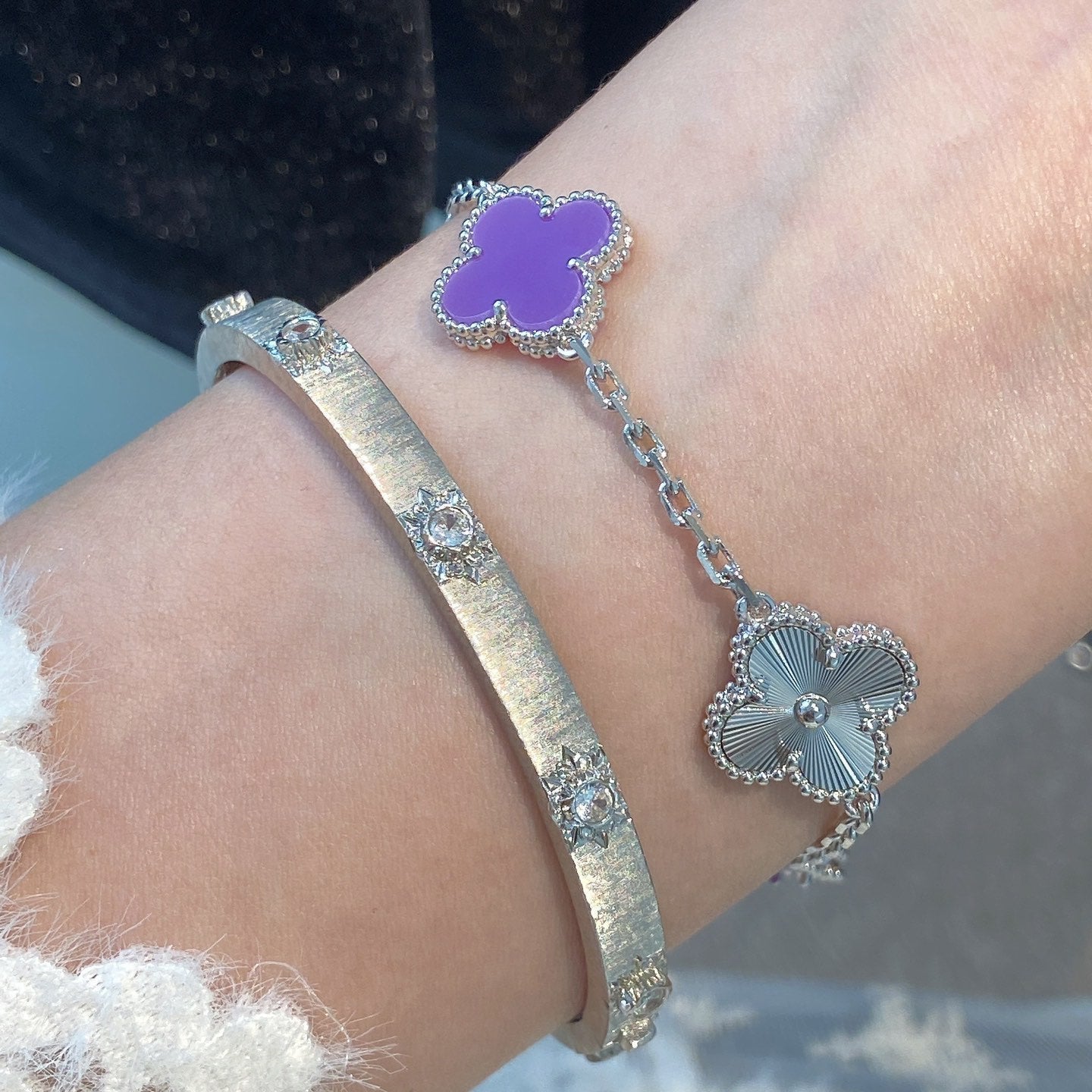 [AURORA]CLOVER  5 MOTIFS  PURPLE VIOLET BRACELET SILVER