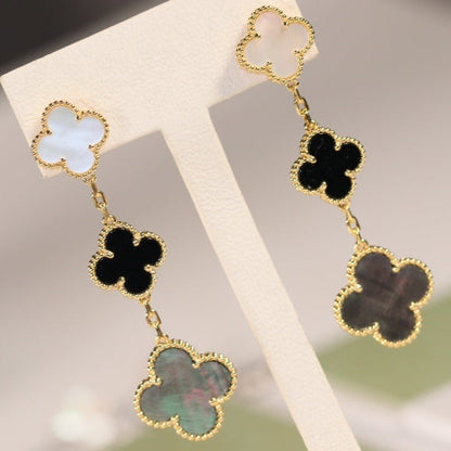 [AURORA]CLOVER EARRINGS GOLD ONYX MOP 3 MOTIF