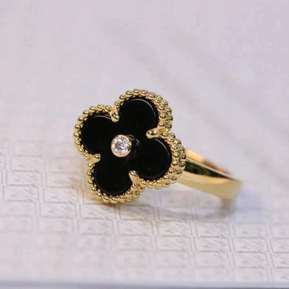 [AURORA]CLOVER ONYX RING GOLD DIAMOND
