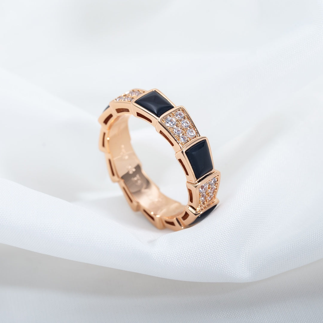 [AURORA]SERPENTI RING PINK GOLD BLACK MOP DIAMOND PAVED 4MM
