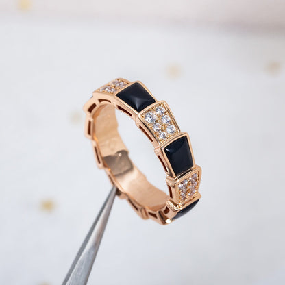 [AURORA]SERPENTI RING PINK GOLD BLACK MOP DIAMOND PAVED 4MM