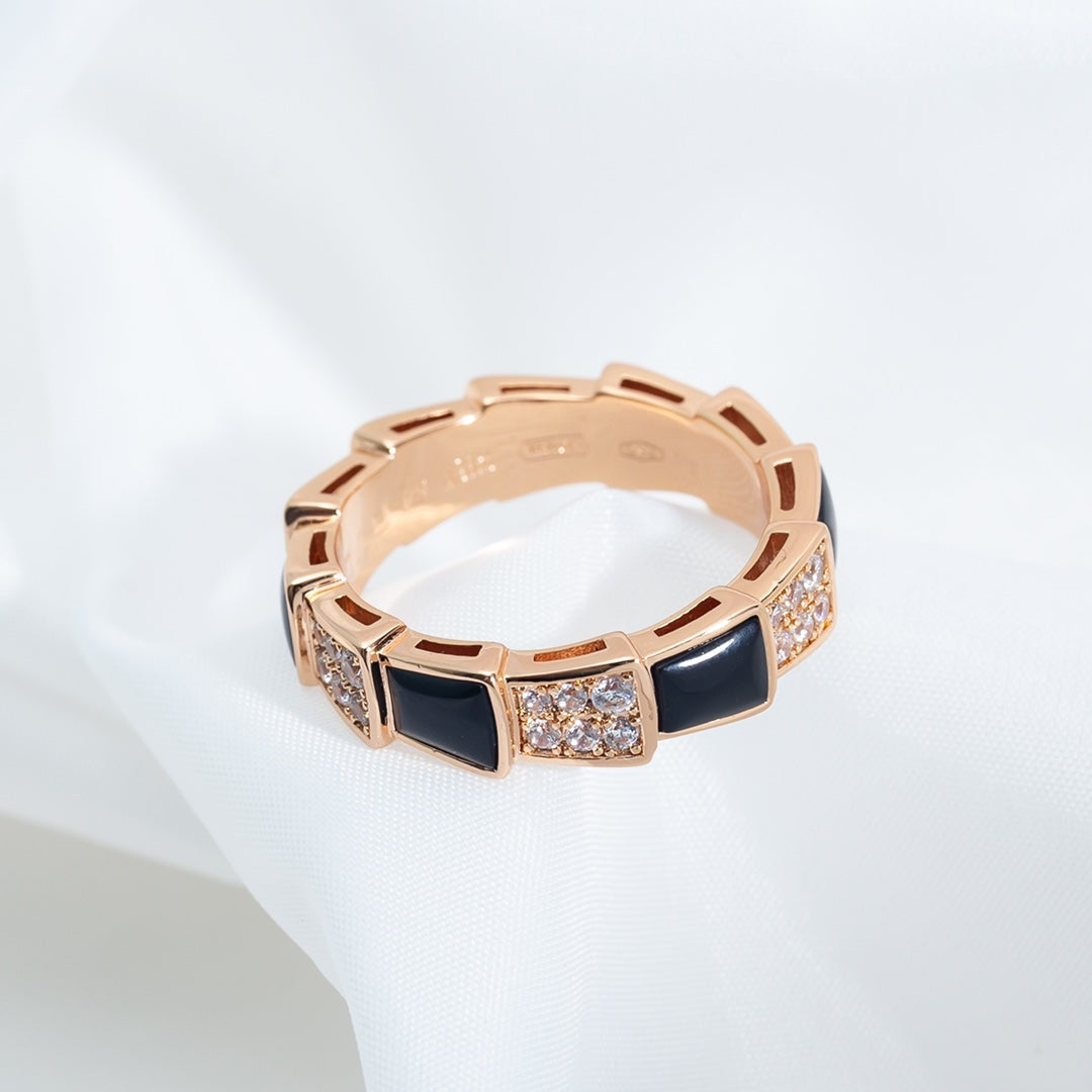 [AURORA]SERPENTI RING PINK GOLD BLACK MOP DIAMOND PAVED 4MM