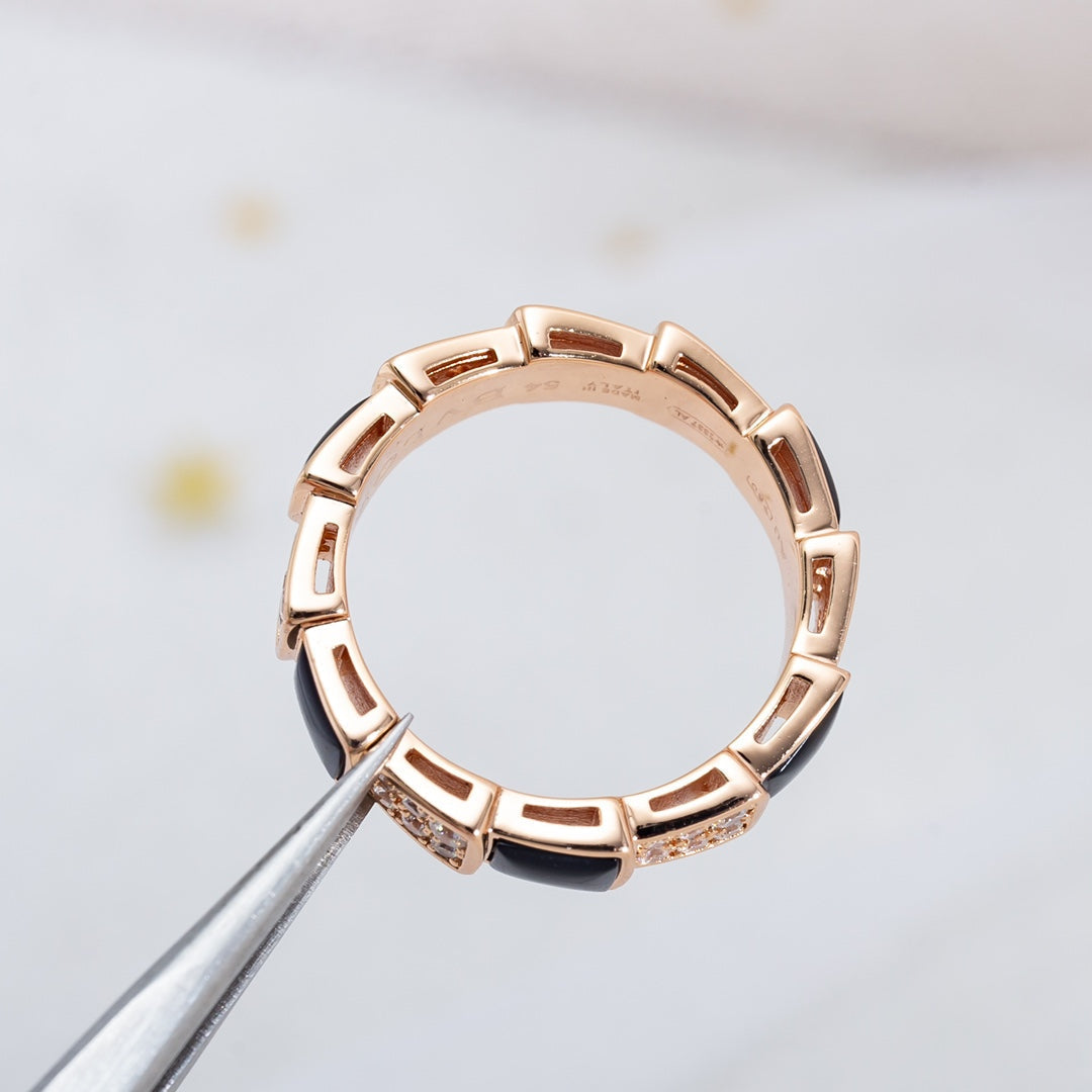 [AURORA]SERPENTI RING PINK GOLD BLACK MOP DIAMOND PAVED 4MM