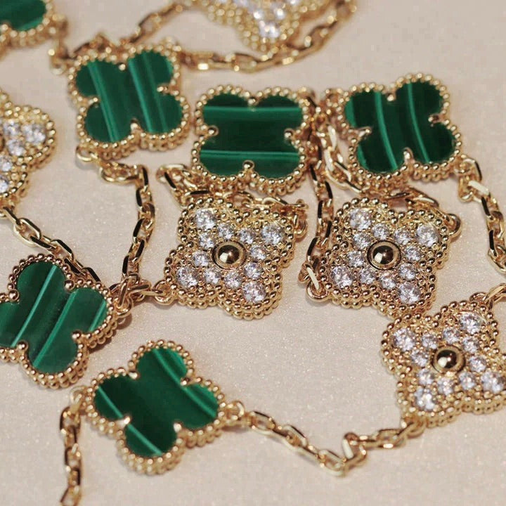 [AURORA]CLOVER 20 MOTIFS MALACHITE DIAMOND NECKLACE