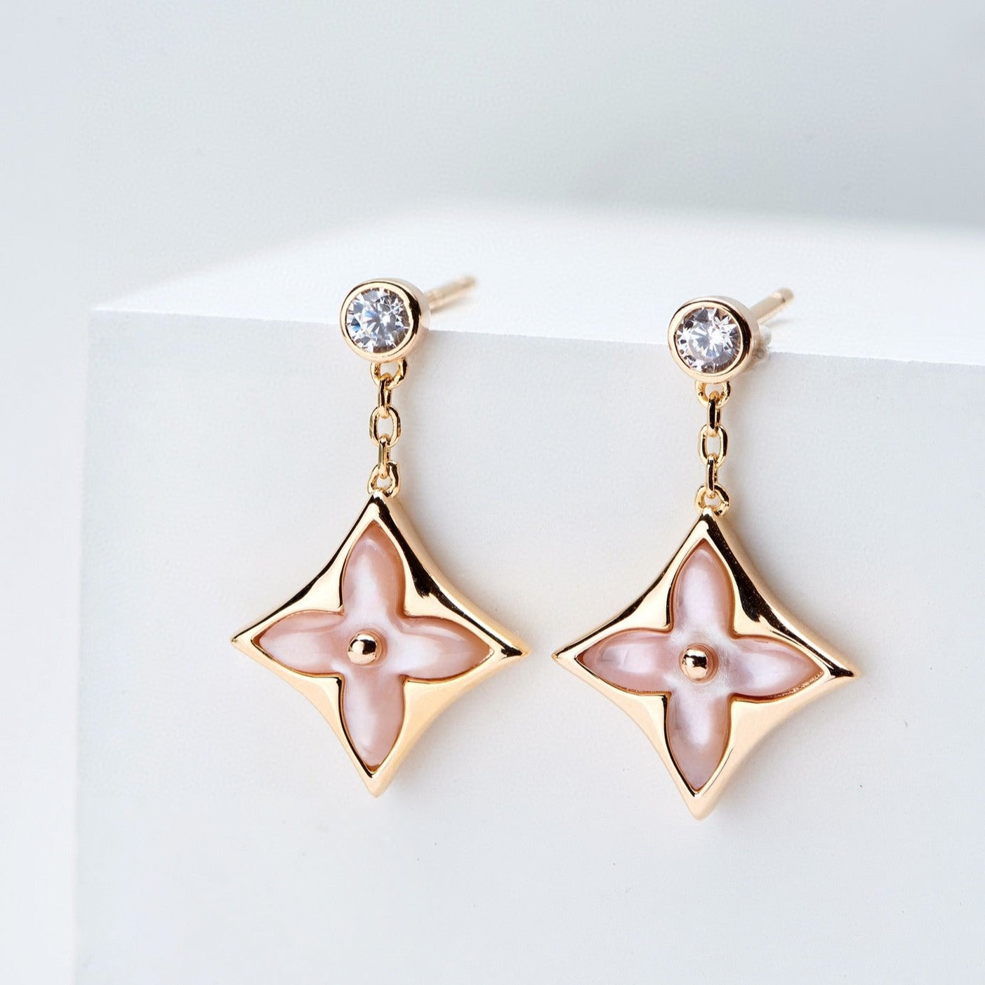 [AURORA]DOUBLE STAR PINK GOLD MOP DROP EARRINGS