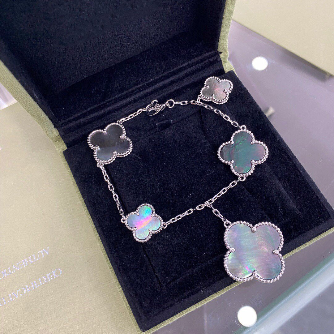 [AURORA]CLOVER 5 MOTIFS SIVLER DARK MOP BRACELET