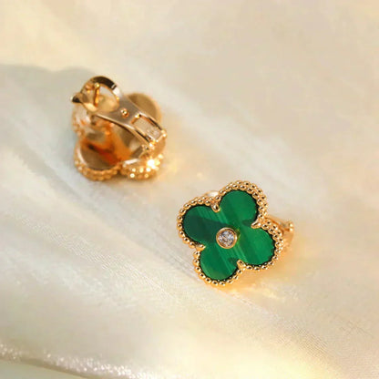 [AURORA]CLOVER MEDIUM 1 MOTIFS MALACHITE DIAMOND EARRINGS