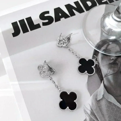 [AURORA]CLOVER 2 MOTIFS  DIAMOND ONYX EARRINGS SILVER