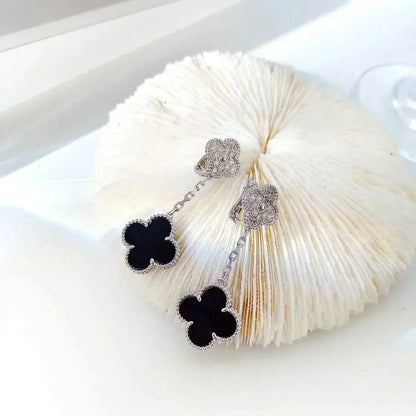 [AURORA]CLOVER 2 MOTIFS  DIAMOND ONYX EARRINGS SILVER