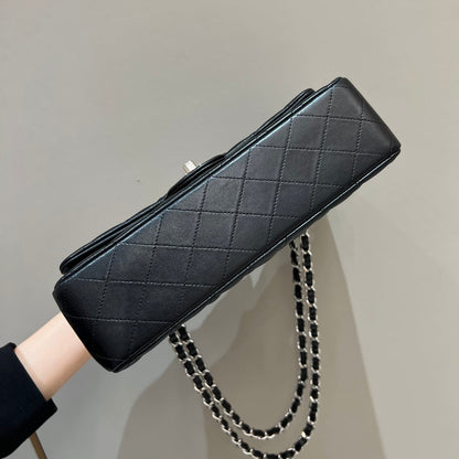 FLAP BAG 25CM SILVER HARDWARE BLACK LAMBSKIN