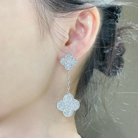 [AURORA]CLOVER 2 MOTIFS DIAMOND PAVED SILVER EARRINGS