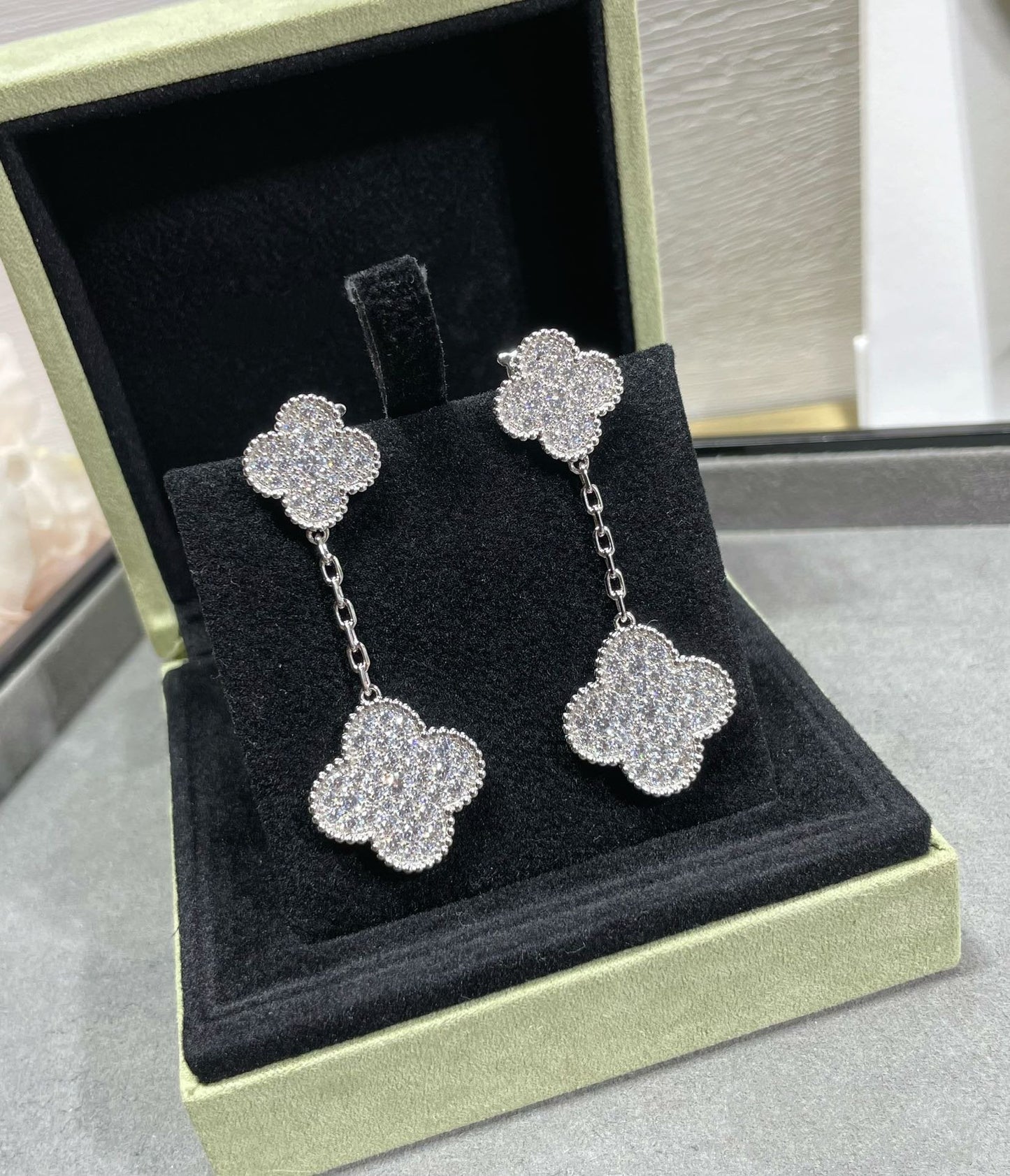[AURORA]CLOVER 2 MOTIFS DIAMOND PAVED SILVER EARRINGS