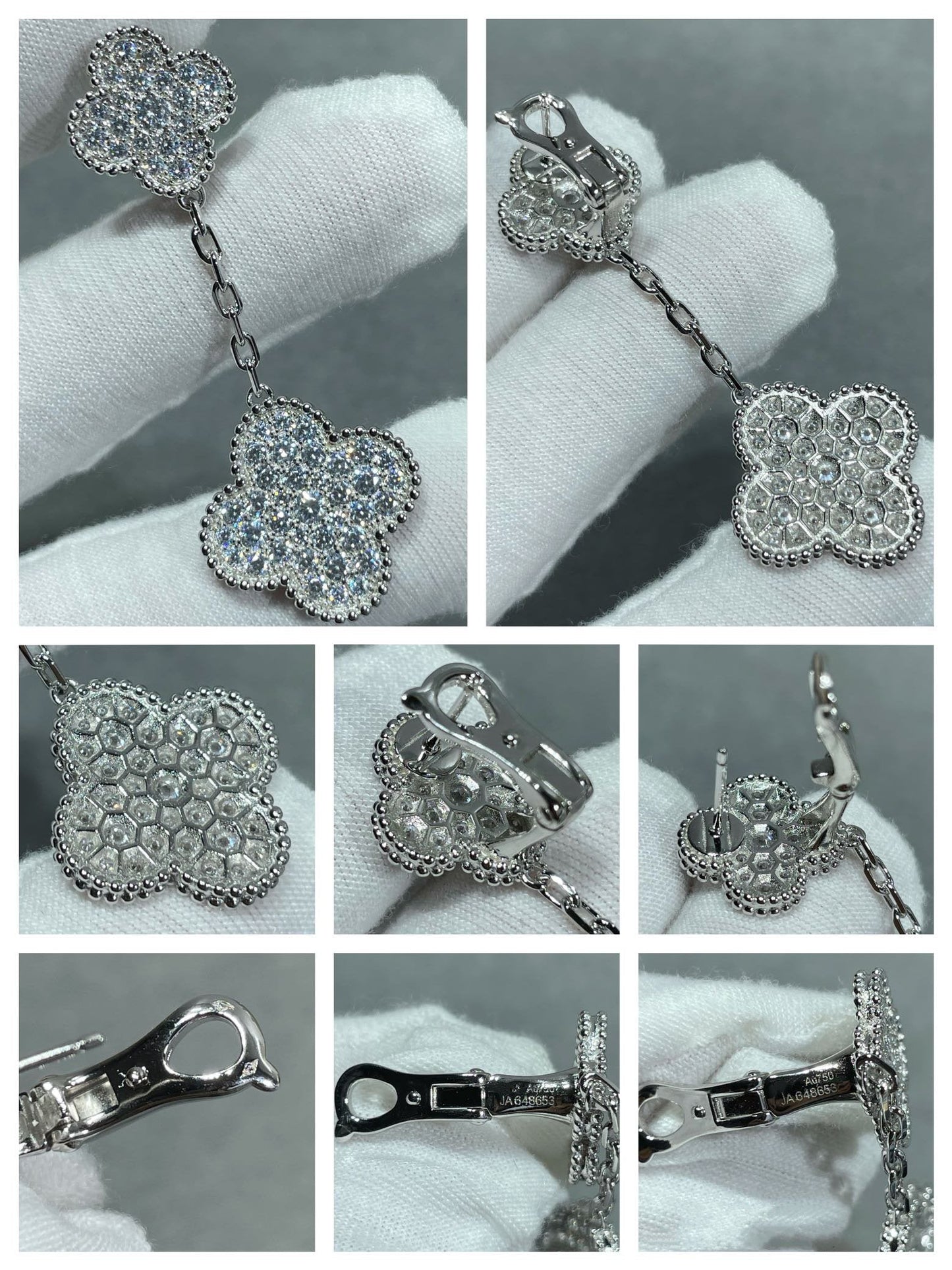 [AURORA]CLOVER 2 MOTIFS DIAMOND PAVED SILVER EARRINGS