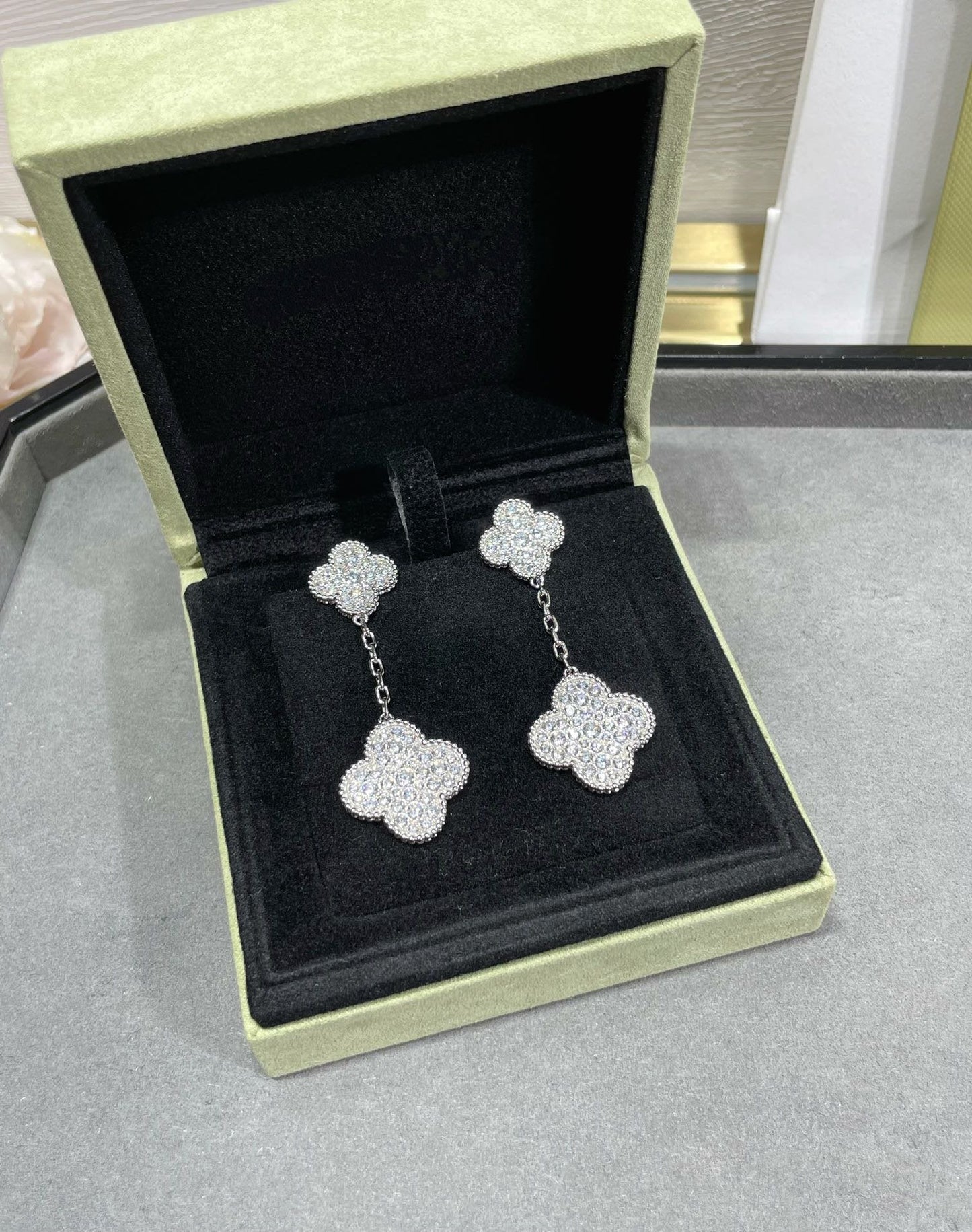 [AURORA]CLOVER 2 MOTIFS DIAMOND PAVED SILVER EARRINGS