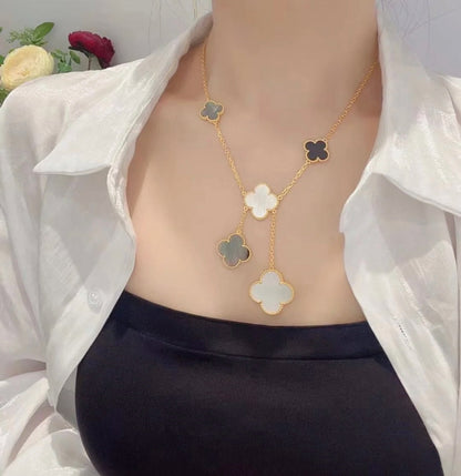 [AURORA]CLOVER 6 MOTIF MOP ONYX GOLD NECKLACE