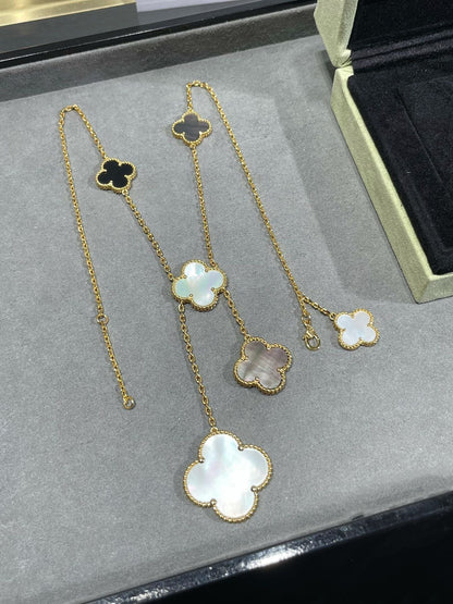 [AURORA]CLOVER 6 MOTIF MOP ONYX GOLD NECKLACE