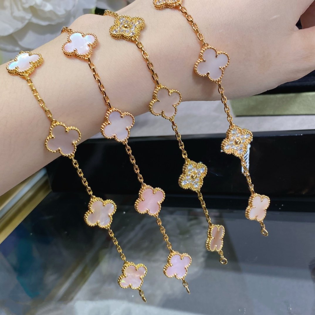 [AURORA]CLOVER 5 MOTIF DIAMOND PINK MOP PINK GOLD BRACELET
