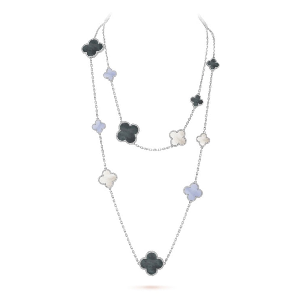 [AURORA]CLOVER 16 MOTIF CHALCEDONY MOP SILVER NECKLACE