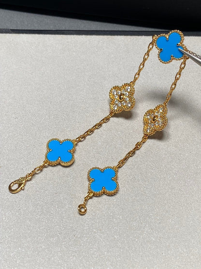 [AURORA]CLOVER 5 MOTIF BLUE CHALCEDONY DIAMOND GOLD BRACELET