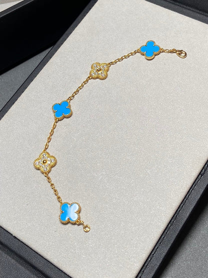 [AURORA]CLOVER 5 MOTIF BLUE CHALCEDONY DIAMOND GOLD BRACELET