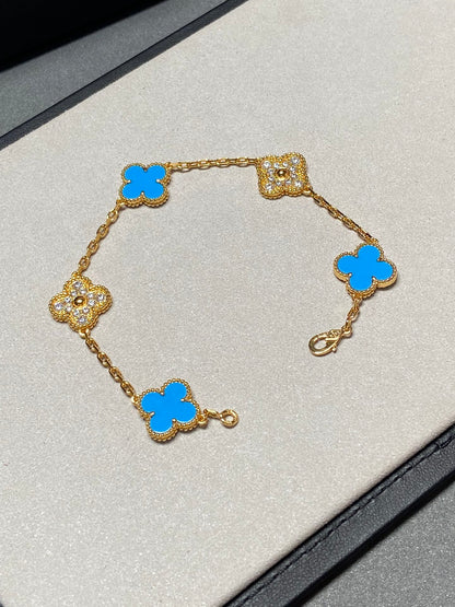 [AURORA]CLOVER 5 MOTIF BLUE CHALCEDONY DIAMOND GOLD BRACELET