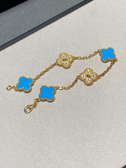 [AURORA]CLOVER 5 MOTIF BLUE CHALCEDONY DIAMOND GOLD BRACELET