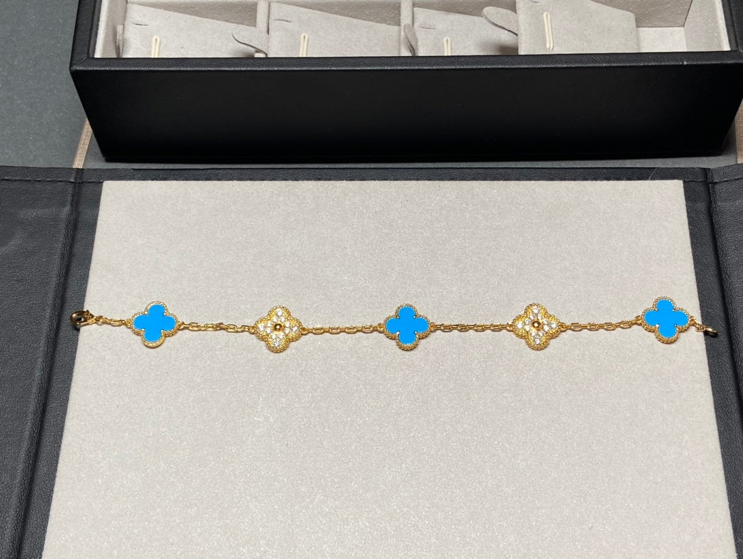 [AURORA]CLOVER 5 MOTIF BLUE CHALCEDONY DIAMOND GOLD BRACELET