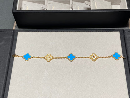 [AURORA]CLOVER 5 MOTIF BLUE CHALCEDONY DIAMOND GOLD BRACELET