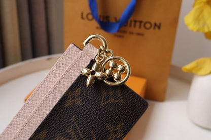 CHARM CARD HOLDER BROWN PINK MONOGRAM CANVAS