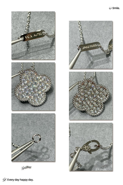 [AURORA]CLOVER 25MM LARGE PENDANT DIAMOND PAVED SILVER NECKLACE