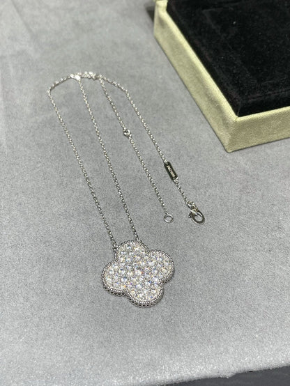 [AURORA]CLOVER 25MM LARGE PENDANT DIAMOND PAVED SILVER NECKLACE