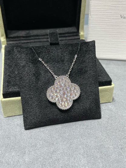 [AURORA]CLOVER 25MM LARGE PENDANT DIAMOND PAVED SILVER NECKLACE