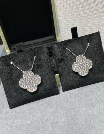 [AURORA]CLOVER 25MM LARGE PENDANT DIAMOND PAVED SILVER NECKLACE