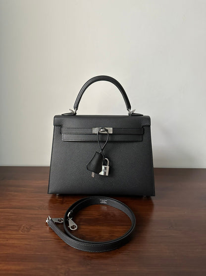 HM KELLY 25CM BLACK EPSOM SILVER HARDWARE