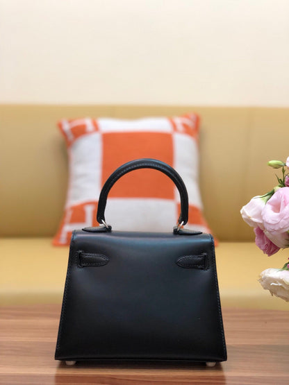KELLY MINI 20 BAG IN BLACK SMOOTH CALFSKIN WITH SILVER HARDWARE (MADE-TO-ODER)