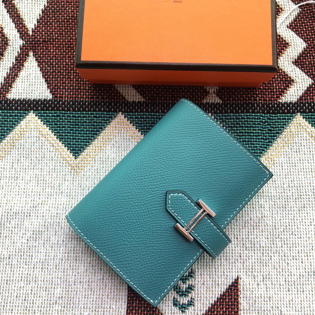 BEARN COMPACT WALLET 12 IN TEAL BLUE EPSOM LEATHER