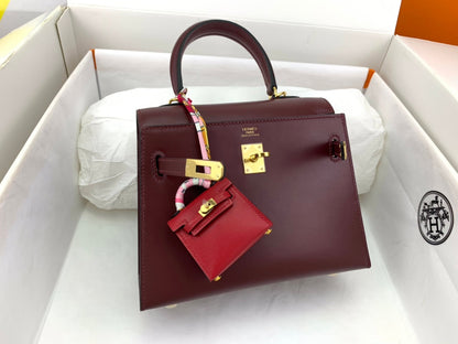KELLY MINI 20 BAG IN WINE RED SMOOTH CALFSKIN WITH GOLD HARDWARE (MADE-TO-ODER)