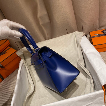 KELLY MINI 20 BAG IN NAVY BLUE SMOOTH CALFSKIN WITH SILVER HARDWARE (MADE-TO-ODER)