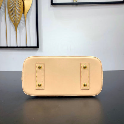 ALMA BB 23 IN BROWN MONOGRAM CANVAS AND BEIGE CALFSKIN TRIM GOLD BUCKLE