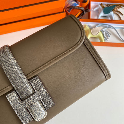 JIGE ELAN 29 CLUTCH IN CHOCOLATE BROWN CALFSKIN WITH WHTE LIZARD SKIN (MADE-TO-ODER)