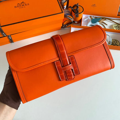 JIGE ELAN 29 CLUTCH IN BRIGHT ORANGE CALFSKIN WITH LIZARD SKIN (MADE-TO-ODER)