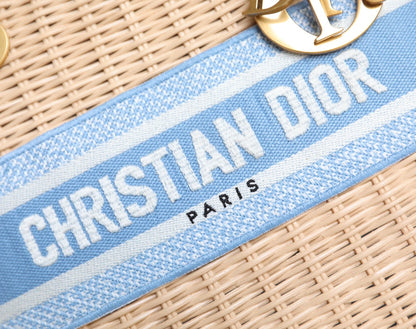 LADY 24 BASKET BAG IN BLUE OBLIQUE JACQUARD MIX BEIGE WICKER