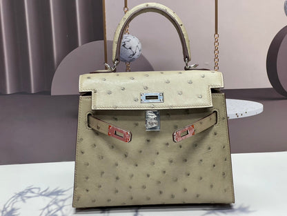 KELLY BAG 20 IN KHAKI TAN OSTRICH LEATHER WITH SILVER HARDWARE (MADE-TO-ODER)